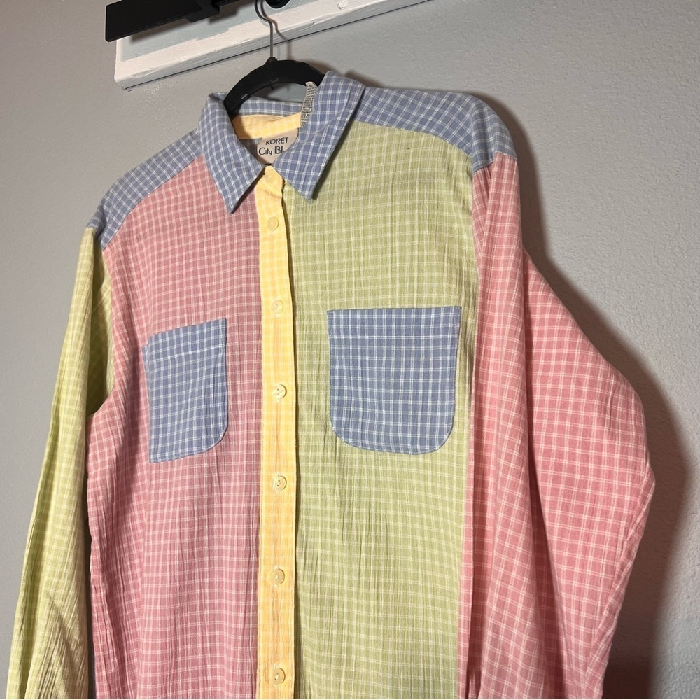 Vintage 90s Koret City Blues Button Down Shirt Medium Colorblock Plaid